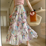 COLORFUL FLORAL MESH PRINT PLEATED TULLE SKIRT_CWBLS0399