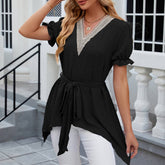 V-Neck Lace Jacquard Lace Up Short Sleeved Dress