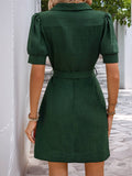 Textured Short Sleeve Dress With Lapel And Belt