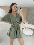 V-Neck Fashion Cinche-Waist Solid Color Jumpsuit