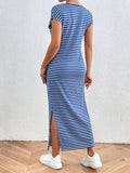 Striped Slim-Fit Waist Slimming Round Neck Dress