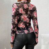 SEMI SHEER ROSE PRINT CHIFFON MESH LACE TOP_CWTBLL3424