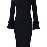 FASHION SOLID COLOR HIPWRAPPED FLARED SLEEVE DRESS_CWDMD3663