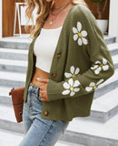 V-Neck Floral Single-Breasted Knit Cardigan
