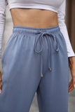 Solid Color Stretch Waist Loose Straight Pants