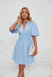 V-Neck Puffy Sleeve Pleated High-Waisted Dress