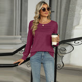 Solid Color U-Neck Pleated Long Sleeve Top