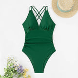 SEXY PLEATED BACK HOLLOW SLIM ONE PIECE SWIMSUIT_CWMW0614