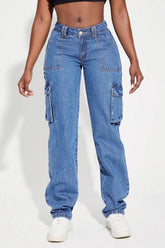 Cwjp0594_Mid-Rise Multi-Pocket Cargo Straight Jeans