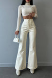 Women Strap Tied High Waist Boot Cut Long Pants_Cwblp0346
