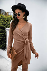 V-Neck Long-Sleeved Solid Color Irregular Dress