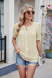 Solid Color V-Neck Puffed Sleeve Jacquard T-Shirt