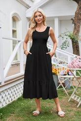 Square Neck Pleated Large Swing Sleeveless Dress