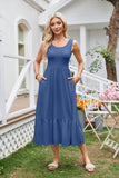 Square Neck Pleated Large Swing Sleeveless Dress