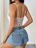 Solid Lace Trim Fitted Sleeveless Bodysuit