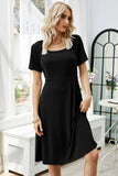 Square Neck Pleated Short Sleeve Midsize Dress