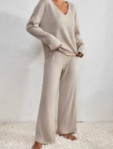 V-Neck Loose Striped Brushed Long-Sleeved Suit