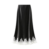 LACE TRIMMED SATIN A LINE MIDI SKIRT WITH DRAPING_CWBMS0327