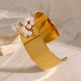 Titanium Steel 18K Gold Pearl Open Cuff Bracelet