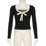 U Neck Leopard Print Bow Patchwork Fake Two Tops
