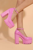 Women Pink Chunky Heeled Ankle Strap Round Pumps