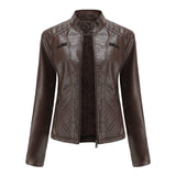 Womens Leather Stand-Up Collar Jacket