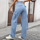 Washed Work Pants Ribbon Denim Casual Pants