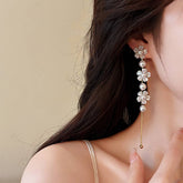 FRENCH RETRO PEARL FLOWER LONG TASSEL EARRINGS_CWAJE2326