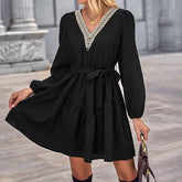 V-Neck Slim-Fit Lace-Up Long-Sleeved Dress