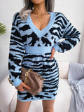 Tiger Print Sweater Dress With Lantern Sleeves