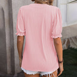 Solid Color V Neck Ear Of Wheat Short Sleeved Top_Cwtts0898