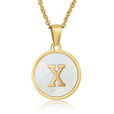 Cwaje1934_Round Stainless Steel White Shell Letter Necklace