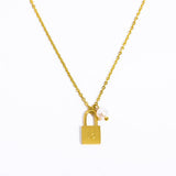STAINLESS STEEL LETTER PEARL LOCK PENDANT NECKLACE_CWMM5298