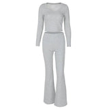 Solid-Color Long-Sleeved Flared Trousers Set