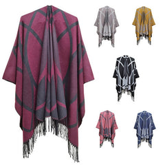 TASSELS WITH LINES KEEP WARM AND SPLIT SHAWL_CWASC0311