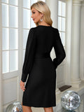 V-Neck Long-Sleeved, Belt-Hugging Knitted Dress