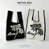 Black And White Rose Knitted Shoulder Tote Bag_Cwab1518