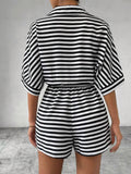 Striped Lapel Belted Shorts Short Sleeved Onesie