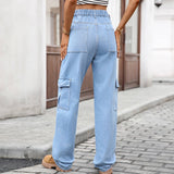 Washed Semi-Elastic Waist Denim Workwear Trousers