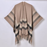 TASSEL TWO TONE STRIPED PLAID CARDIGAN CAPE SHAWL_CWASC0944