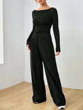 Solid-Color Long-Sleeved Wide-Leg Long Pants Set