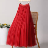 SOLID COLOR ELASTIC WAIST MESH TULLE A LINE SKIRT_CWBLS0372