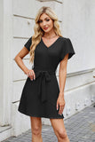 Solid Color V-Neck Belt Button-Up Dress