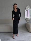 Solid Color Pit Strip Long Knit Slim-Fit Dress