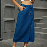 Wome Washed Denim Midi Skirt With Buttons_Cwjsk0206
