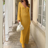 V-Neck Long Sleeve Fit Solid Hollow-Out Dress