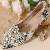 FAUX PEARL FLORAL PRINT DECOR FLAT SHOES FOR WOMAN_CWSHF0008