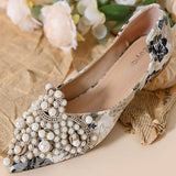 FAUX PEARL FLORAL PRINT DECOR FLAT SHOES FOR WOMAN_CWSHF0008