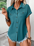 Womens Solid Buttoned Collar Pocket Raglan Tee