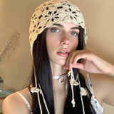 Boho Crochet Beanie ? Floral Tassel Knit Hat_Cwah04324